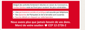 Bannière indiquant la diminution des activités de Caritas pendant la crise du COVID-19, suivie d'un appel aux dons.